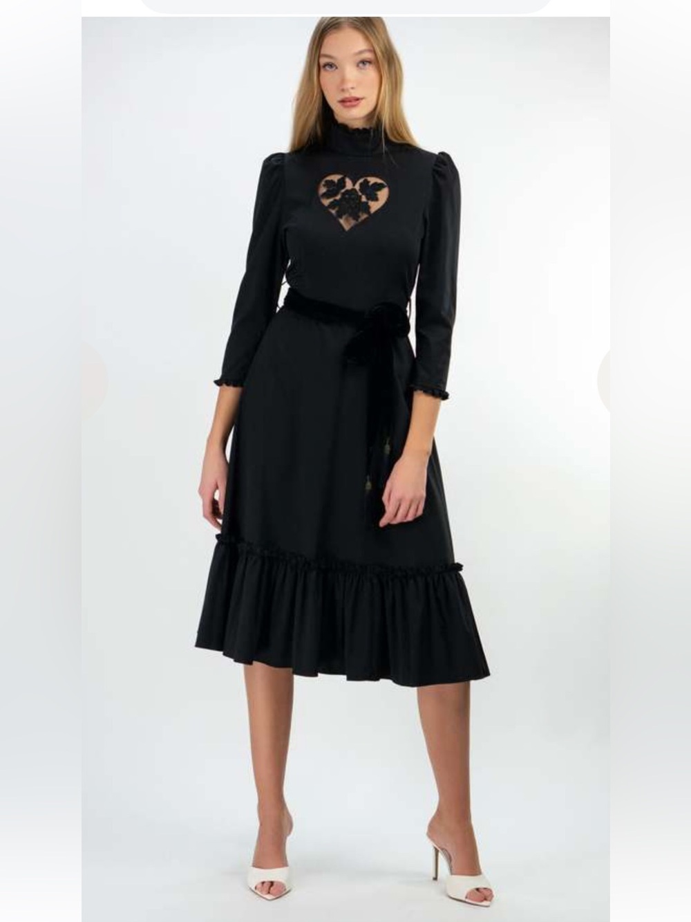 KRISTINIK Sirsna  Black Midi Dress with Heart Lace Detail With Velvet Waist Tie